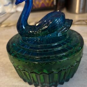 Elegant Vintage Blue and Green Glass Swan powder container